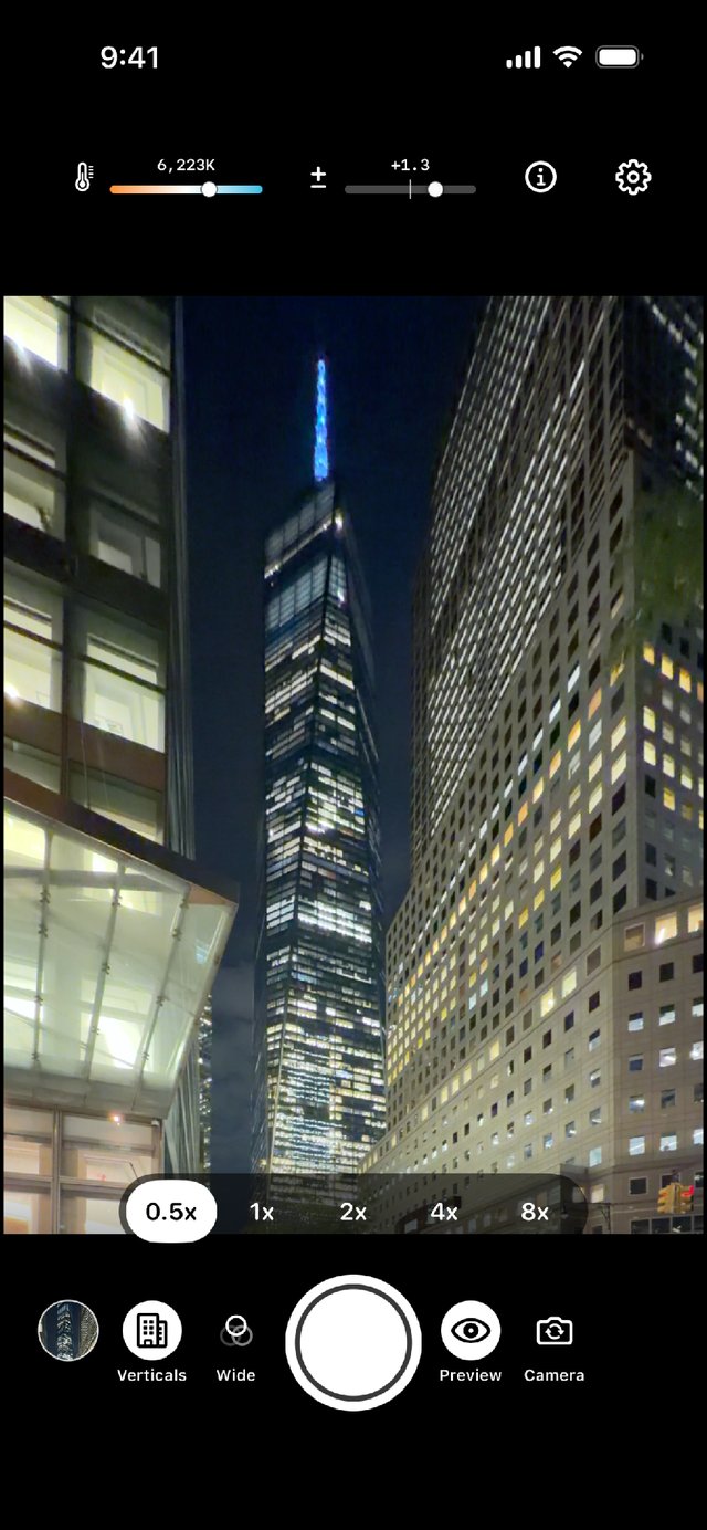 Live Preview showing a skyscraper shot with converging vertical lines